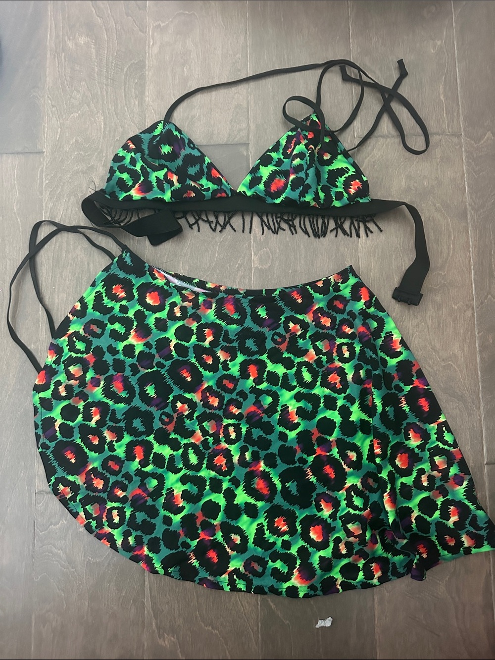 Neon Green Leopard Print Bikini Set with Fringe